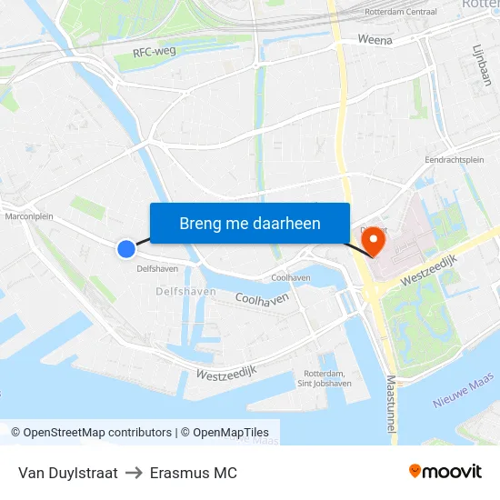 Van Duylstraat to Erasmus MC map
