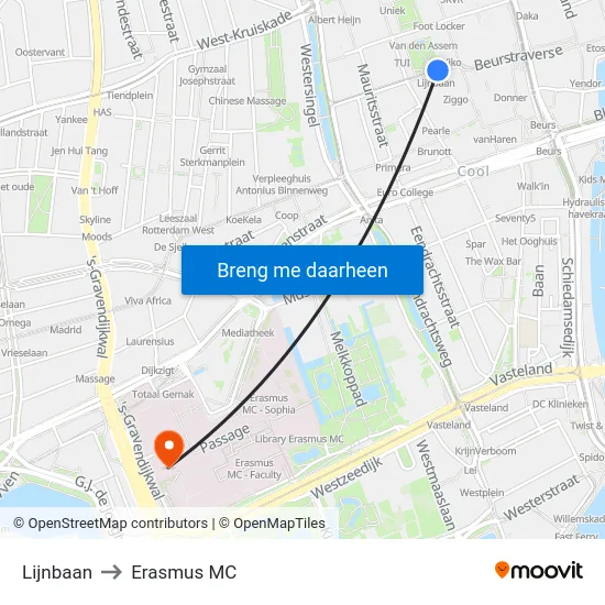 Lijnbaan to Erasmus MC map