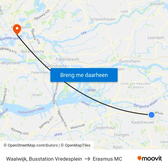 Waalwijk, Busstation Vredesplein to Erasmus MC map