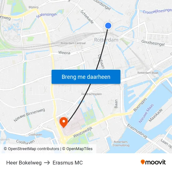 Heer Bokelweg to Erasmus MC map