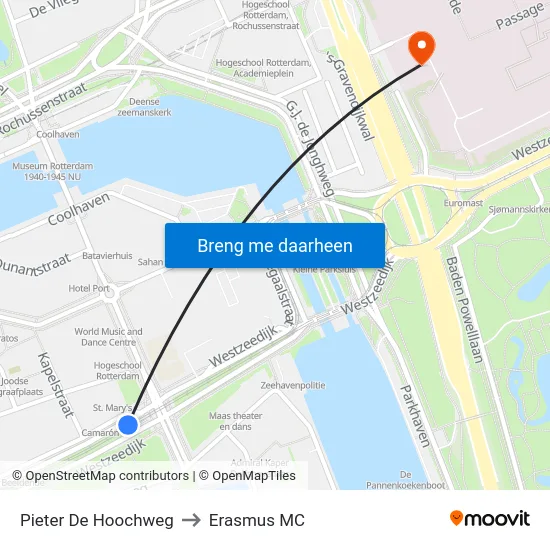 Pieter De Hoochweg to Erasmus MC map