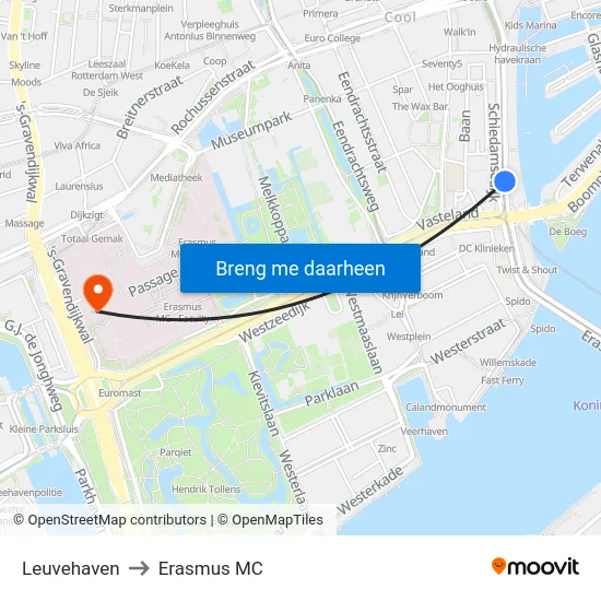 Leuvehaven to Erasmus MC map