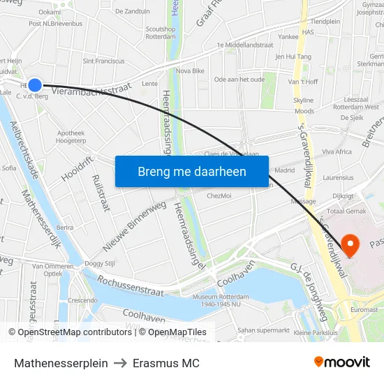 Mathenesserplein to Erasmus MC map