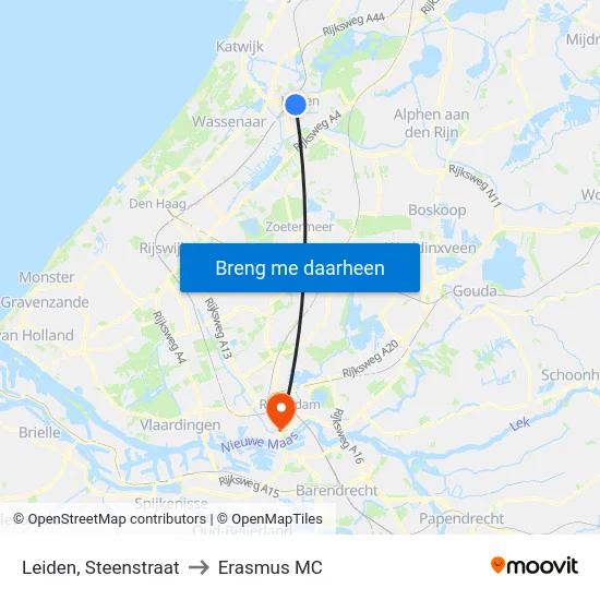 Leiden, Steenstraat to Erasmus MC map