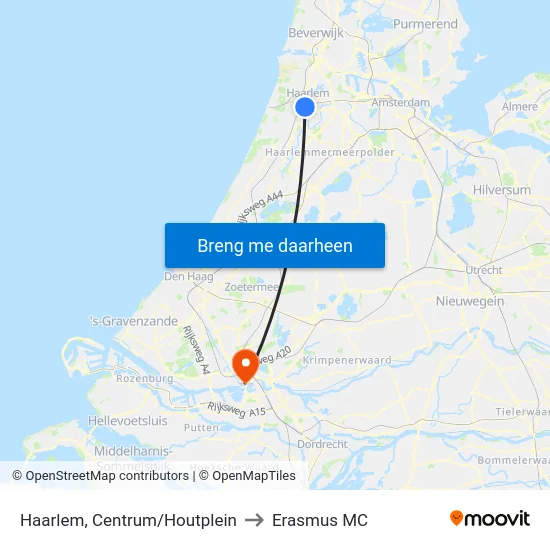 Haarlem, Centrum/Houtplein to Erasmus MC map