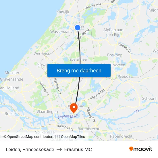 Leiden, Prinsessekade to Erasmus MC map