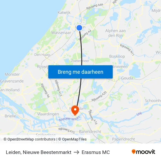 Leiden, Nieuwe Beestenmarkt to Erasmus MC map
