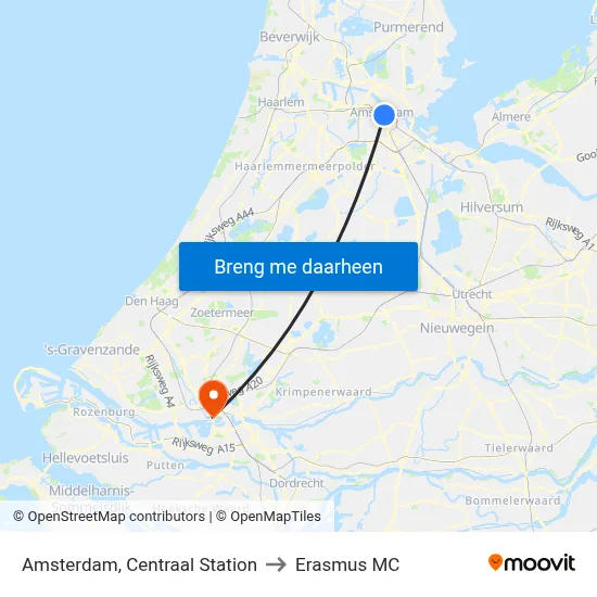 Amsterdam, Centraal Station to Erasmus MC map