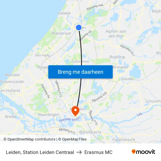 Leiden, Station Leiden Centraal to Erasmus MC map