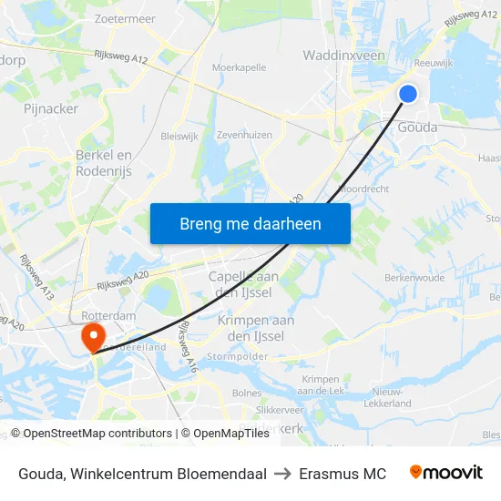 Gouda, Winkelcentrum Bloemendaal to Erasmus MC map