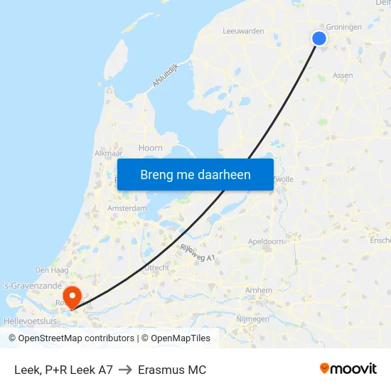 Leek, P+R Leek A7 to Erasmus MC map