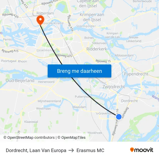 Dordrecht, Laan Van Europa to Erasmus MC map