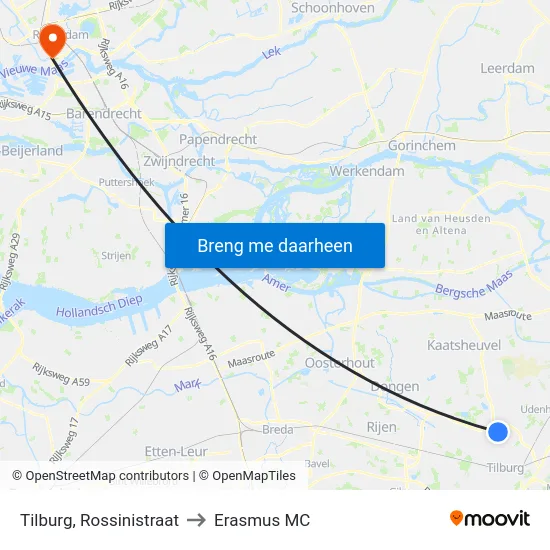 Tilburg, Rossinistraat to Erasmus MC map