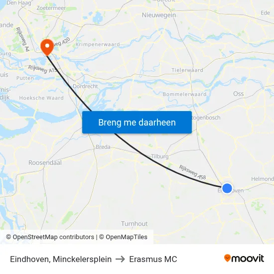 Eindhoven, Minckelersplein to Erasmus MC map