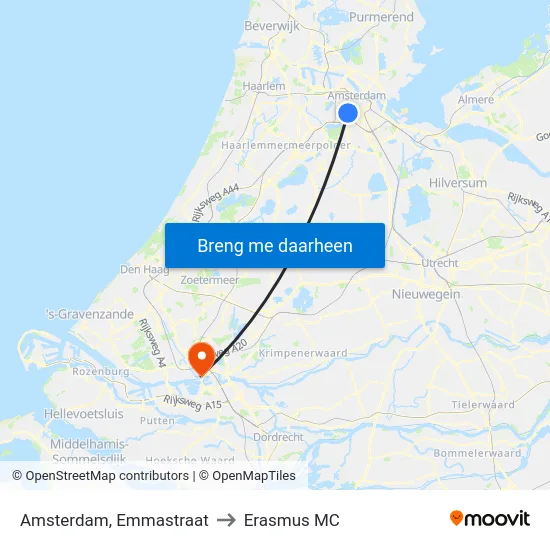 Amsterdam, Emmastraat to Erasmus MC map