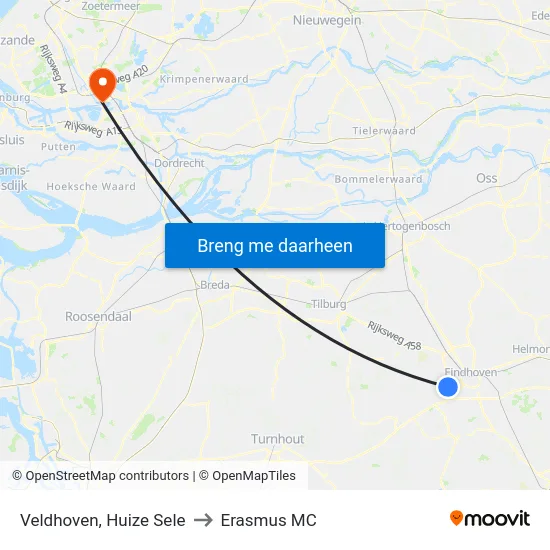 Veldhoven, Huize Sele to Erasmus MC map