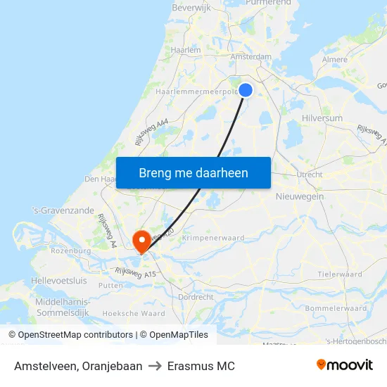 Amstelveen, Oranjebaan to Erasmus MC map
