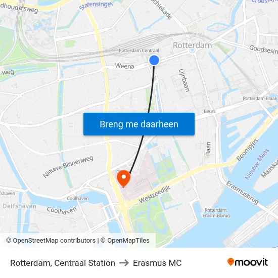 Rotterdam, Centraal Station to Erasmus MC map