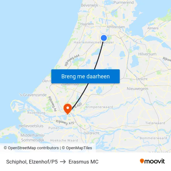 Schiphol, Elzenhof/P5 to Erasmus MC map