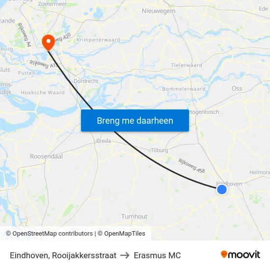 Eindhoven, Rooijakkersstraat to Erasmus MC map