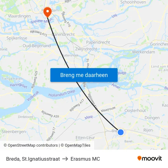 Breda, St.Ignatiusstraat to Erasmus MC map