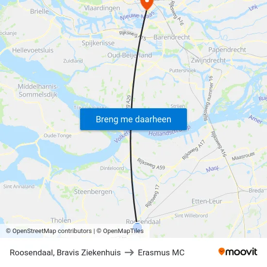 Roosendaal, Bravis Ziekenhuis to Erasmus MC map