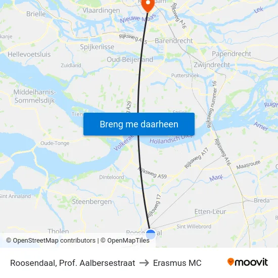 Roosendaal, Prof. Aalbersestraat to Erasmus MC map