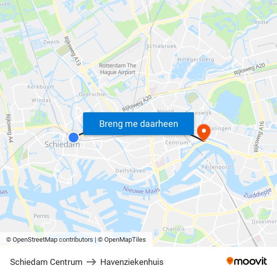 Schiedam Centrum to Havenziekenhuis map