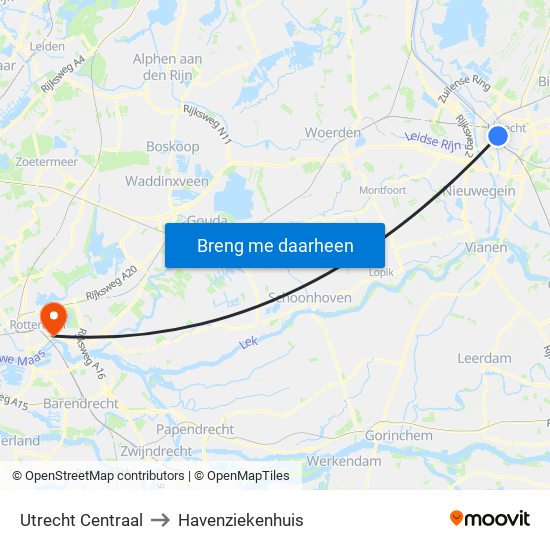 Utrecht Centraal to Havenziekenhuis map