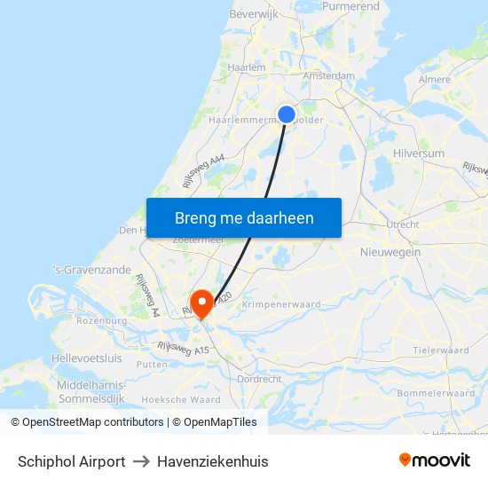 Schiphol Airport to Havenziekenhuis map