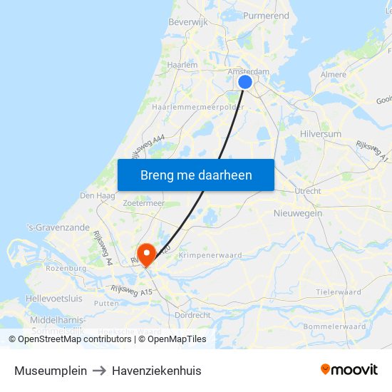 Museumplein to Havenziekenhuis map