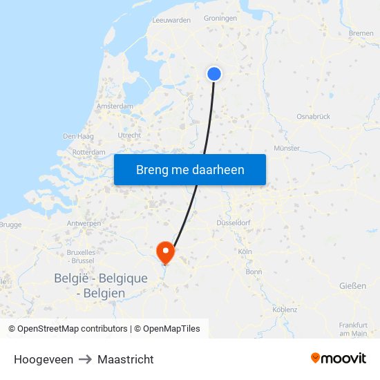 Hoogeveen to Maastricht map