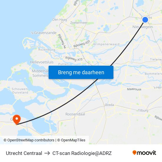 Utrecht Centraal to CT-scan Radiologie@ADRZ map