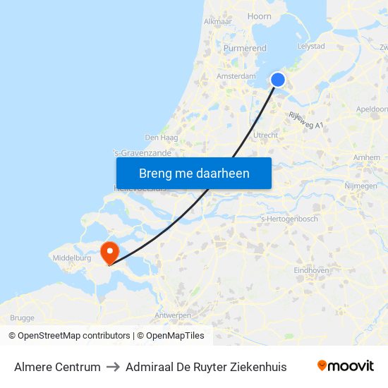 Almere Centrum to Admiraal De Ruyter Ziekenhuis map
