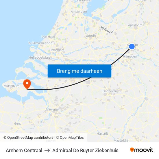 Arnhem Centraal to Admiraal De Ruyter Ziekenhuis map