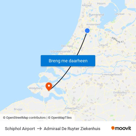 Schiphol Airport to Admiraal De Ruyter Ziekenhuis map