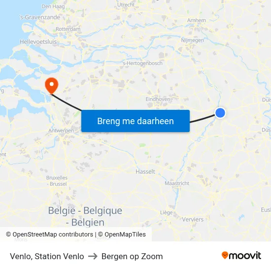 Venlo, Station Venlo to Bergen op Zoom map