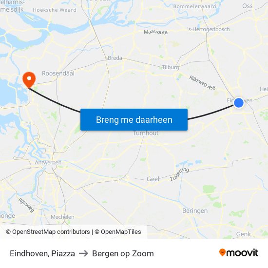 Eindhoven, Piazza to Bergen op Zoom map