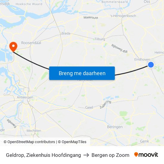 Geldrop, Ziekenhuis Hoofdingang to Bergen op Zoom map