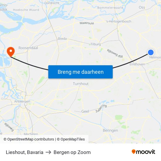 Lieshout, Bavaria to Bergen op Zoom map