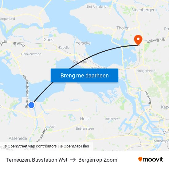 Terneuzen, Busstation Wst to Bergen op Zoom map