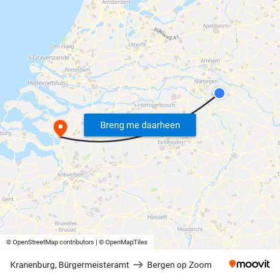 Kranenburg, Bürgermeisteramt to Bergen op Zoom map