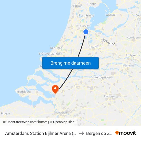 Amsterdam, Station Bijlmer Arena (Perron J) to Bergen op Zoom map