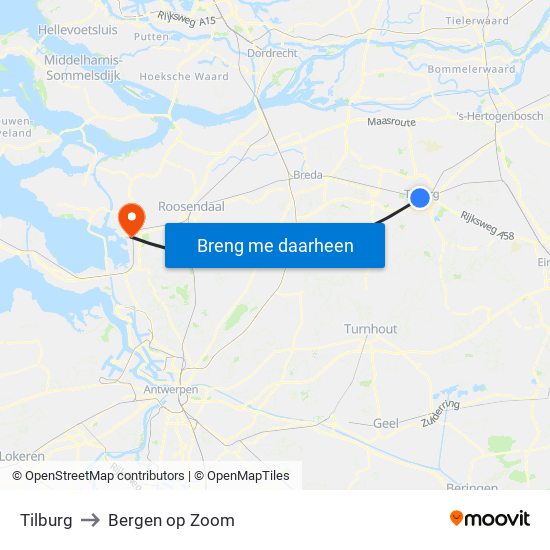 Tilburg to Bergen op Zoom map