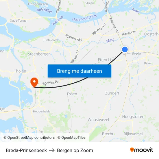 Breda-Prinsenbeek to Bergen op Zoom map