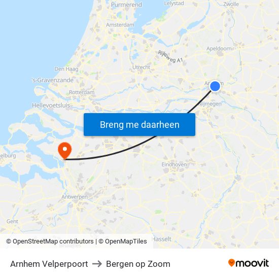 Arnhem Velperpoort to Bergen op Zoom map