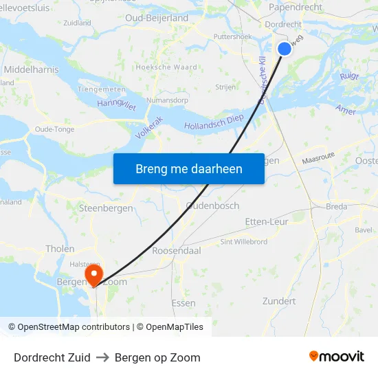 Dordrecht Zuid to Bergen op Zoom map