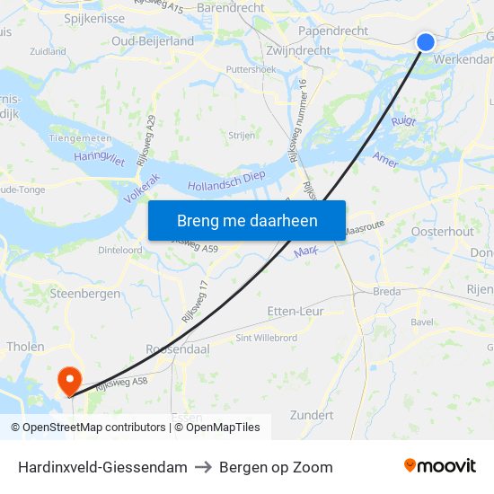 Hardinxveld-Giessendam to Bergen op Zoom map