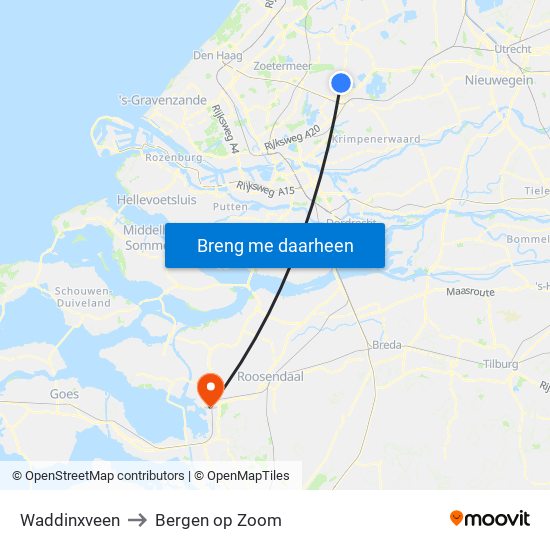 Waddinxveen to Bergen op Zoom map