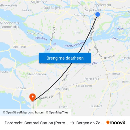 Dordrecht, Centraal Station (Perron D) to Bergen op Zoom map